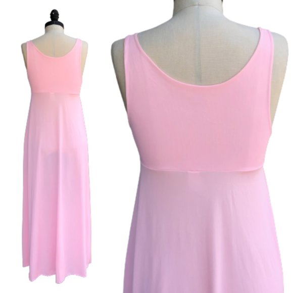 Vintage 70s Key Hole Tie Front Empire Waist Barbiecore Pink Maxi Nightgown Dress - Picture 5 of 15